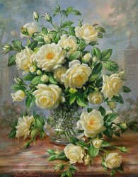 Albert Williams Princess Diana Roses in a Cut Glass Vase