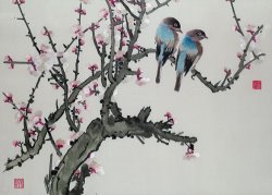 Chinese School Pair of birds on a cherry branch