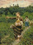 Shepherdess carrying a bunch of grapes