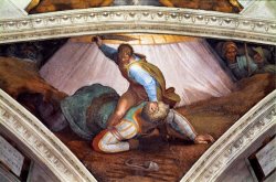 Michelangelo Buonarroti The Sistine Chapel Ceiling Frescos After Restoration David And Goliath