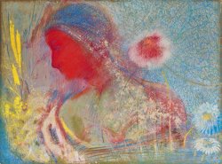 Odilon Redon Tete De Femme Rouge, Entouree D'une Germination De Fleurs