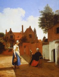 Pieter de Hooch Courtyard in Delft at Evening a Woman Spinning