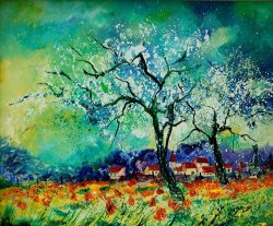 Pol Ledent Poppies and appletrees in blossom