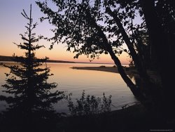 Raymond Gehman Trees Stand Silhouetted Against Waskesiu Lake at Sunset